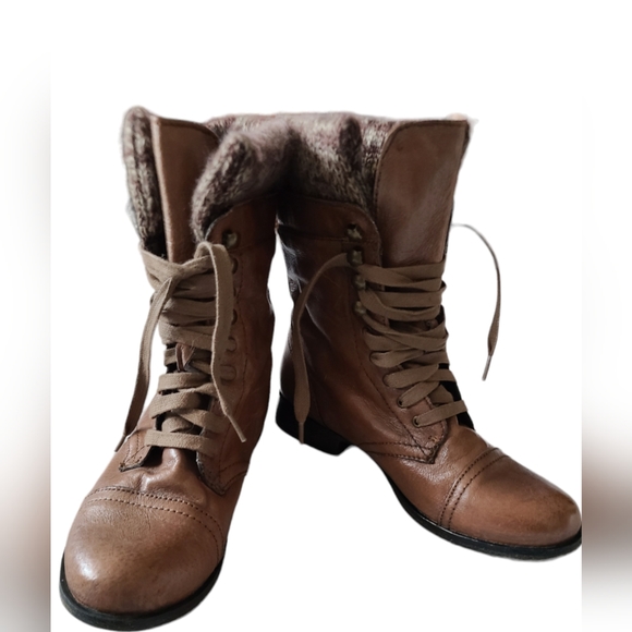 STEVE MADDON JENNYYY BROWN LEATHER COMBAT BOOTS LACE UP & ZIPPER TEXTILE LINING - Picture 12 of 15